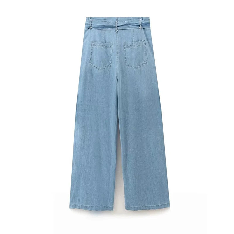 Autumn Women With Belt Light Blue Denim Wide Leg Pants Casual Trousers Female