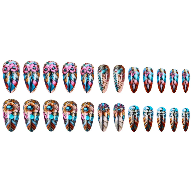 Feathers Press on Nails Diamond Fake Nails Set Floral Pattern Wearable Acrylic Nails Almond Press on Nail Tips