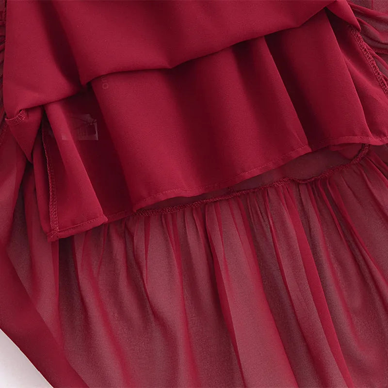 Retro French Style Solid Dark Red Ruched V neck Sling Dress Women