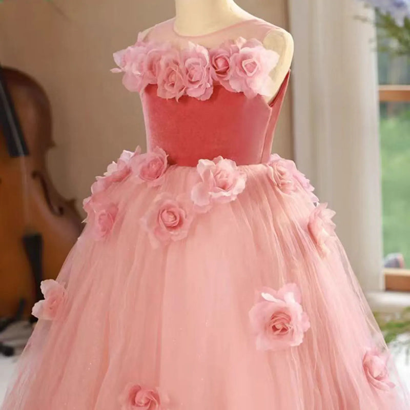 Elegant Pink Girl Dress Handmade Flowers Princess Kids Wedding Birthday Party Long Ball Pageant Gown