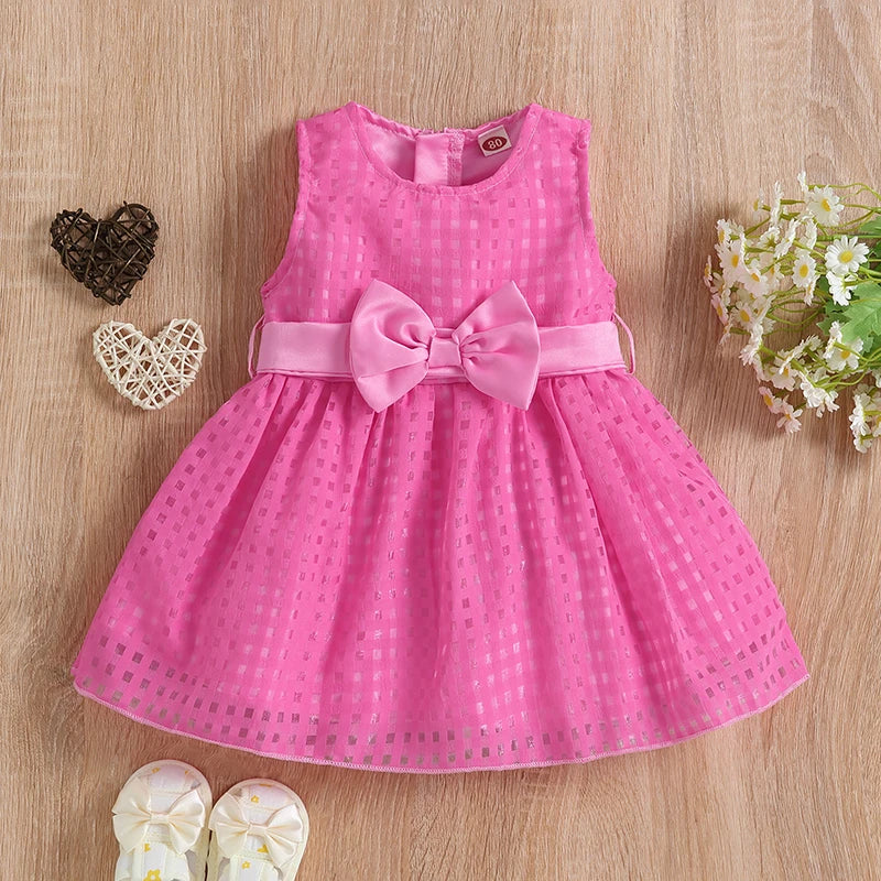 Princess Infant Baby Girls Party Dress Solid Plaid Sleeveless Sundress With Bowknot Belt