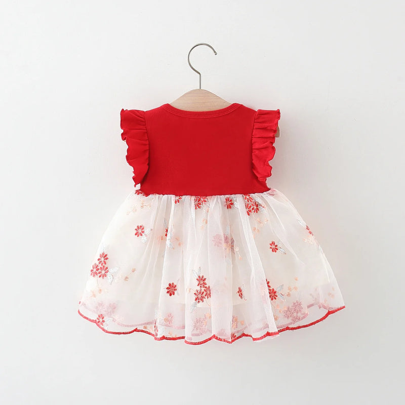 Girl's dress summer baby girl with patchwork mesh flower embroidery princess dress