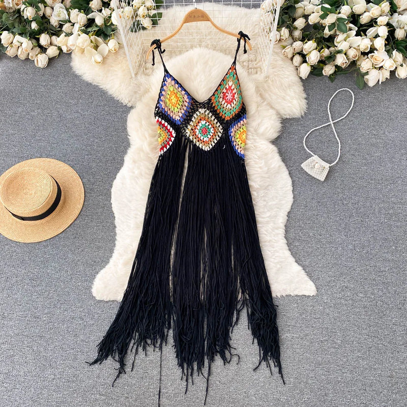 Summer Beach Dress Women Casual Sundress Vacation Knitted Tassel Loose Dress