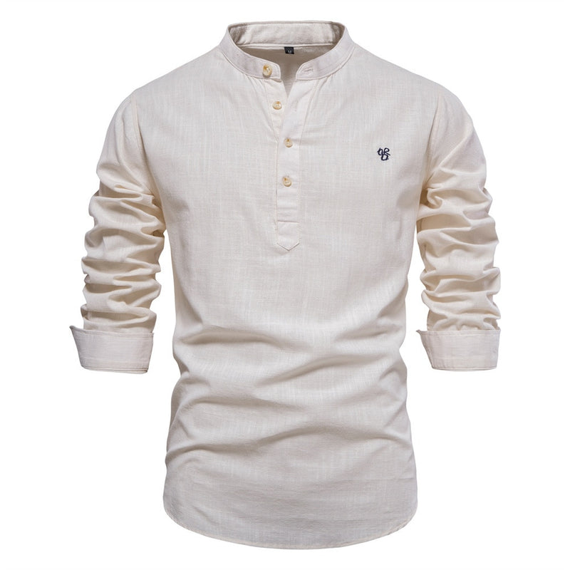 Men Linen Shirt Casual Solid Breathable Top Embroidered Standing Neck Slim Fit Shirt