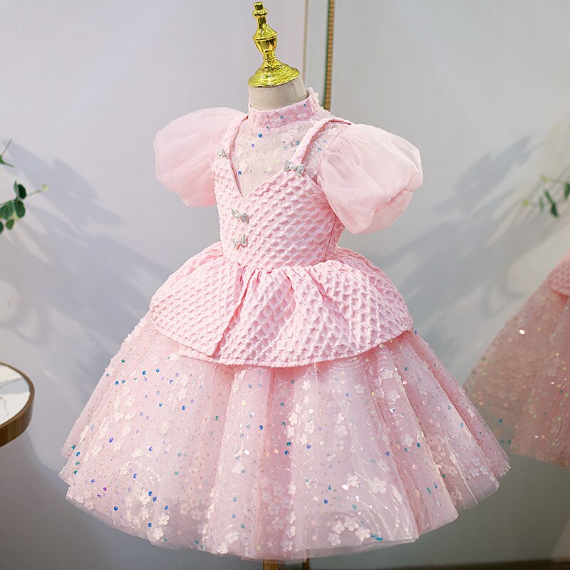 Pink Flower Girl Dress for Weddings Infant Sequined Princess Ball Gown Graduation Dresses for Kinder Girls Children Clothes