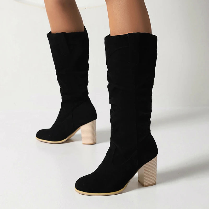 Retro Knight Boots Ultra-High Wood Grain Heel Warm Plush Inner Long Boots Women's Boots