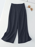 Wide Leg Pant Solid Pure Cotton Ankle Length Women Casual Loose Trouser Elastic Elegant Pants