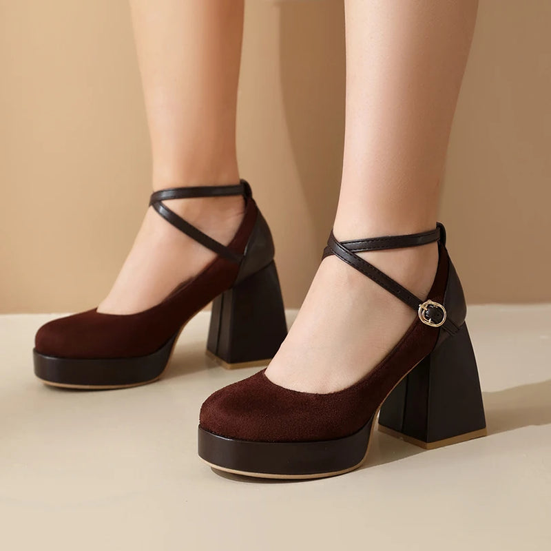 Ankle Cross Strap Buckle Casual High Heels Thick Heel Shallow Spring Pumps