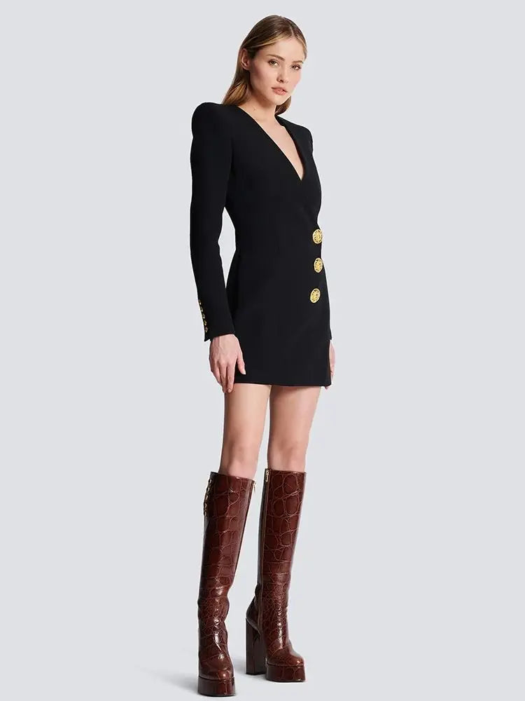 Autumn and Winter Women's Black Sexy Button Mini Dress Suit Coat Elegant