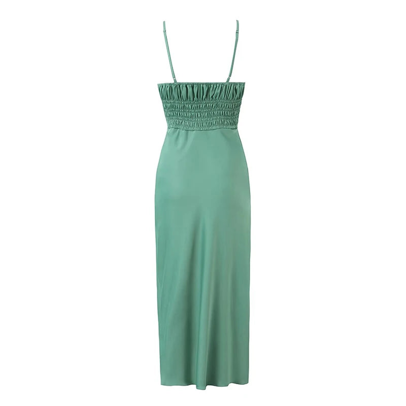 Women Green Spaghetti Strap Midi Dress Vintage Elastic Waist Female Summer Dresses