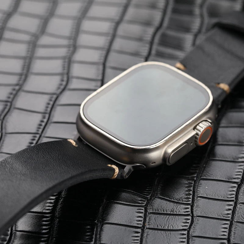 Handmade Black Leather Watchband For Apple iwatch 8/7 Ultra Men Vintage Bracelet