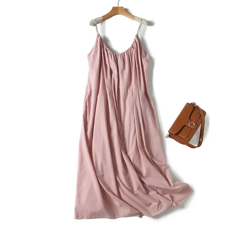 Summer Dress Women Midi Dress Pleated Linen Sexy Elegant Minimalist Pink Suspenders Dress