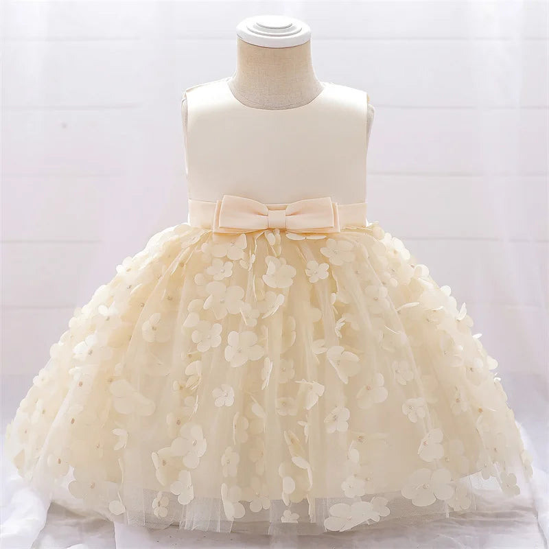 Baby Girls Dresses Long Sleeve Bow Birthday Gown Infant Party Pearl Princess Baptism Toddler