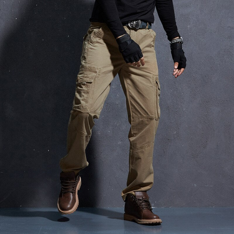 Men Mid Waist Straight Military Style Casual Cargo Pants Multi Pocket Overalls Trouser Male