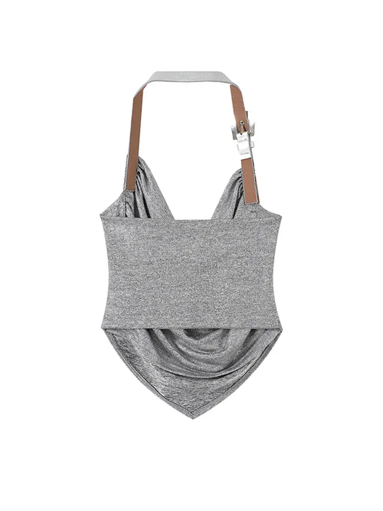 Halter Top Women Simple Basic Sleeveless Silver Tank Tops Chic Spring Summer  Vest Coquette