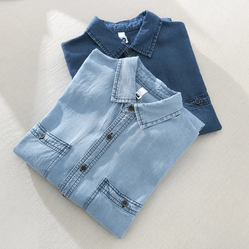 Men's Cotton Linen Shirt Long Sleeve Classic Denim Blouse Simple Male Casual Tops Shirts Coats