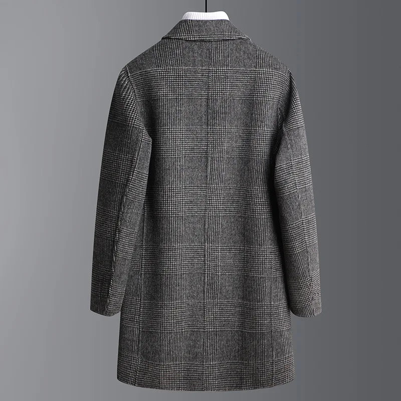 Plaid Wool Coat Men's Autumn Winter Slim Trench Coats Mid-length Cashmere Outerwear Long Jacket