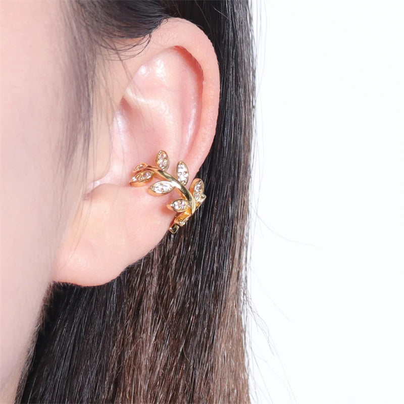 Women's Ear Crystal Leaf Gold Color Metal Ear Cuff for Girls Tiny Ear Jewelry