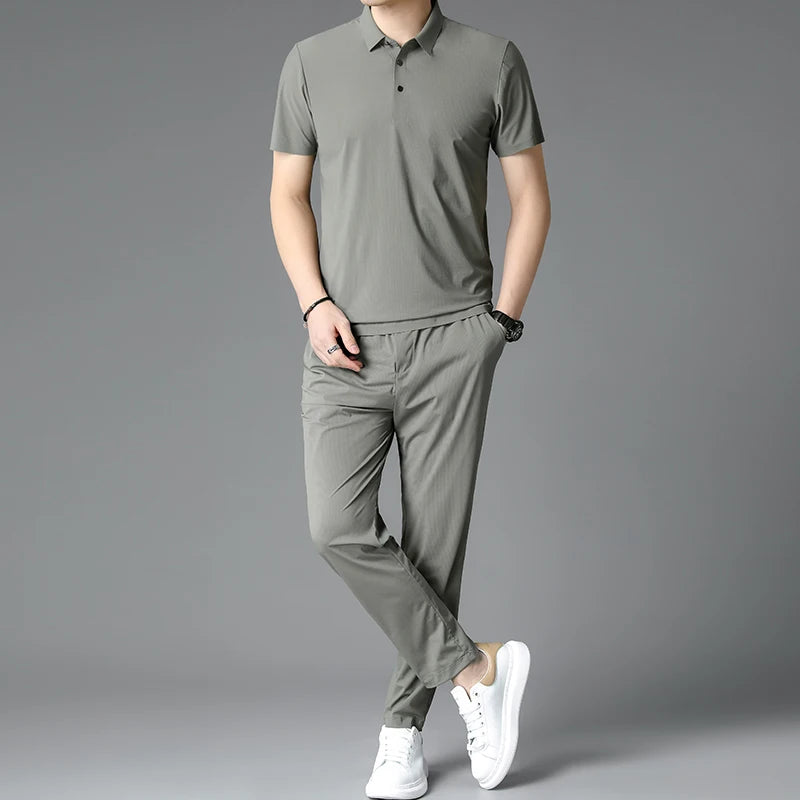 Summer Men's Casual Polo Shirt Set Comfortable Solid Short Sleeve Two-piece Set