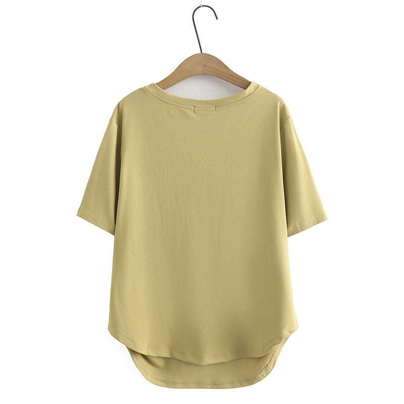 Women Summer Modal Double Face V-Neck Tees Side Fold Short Sleeve Tops Oversized Curve Clothes