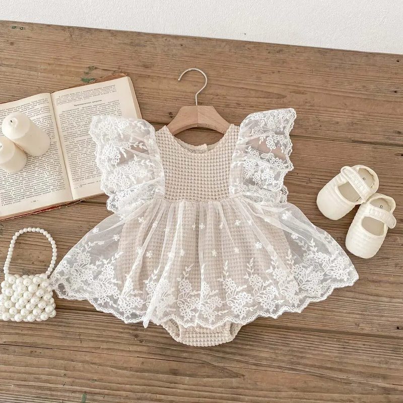 Baby GirlWaffle Grid Lace Romper Dress Style Chic Outfit for Summer Outings