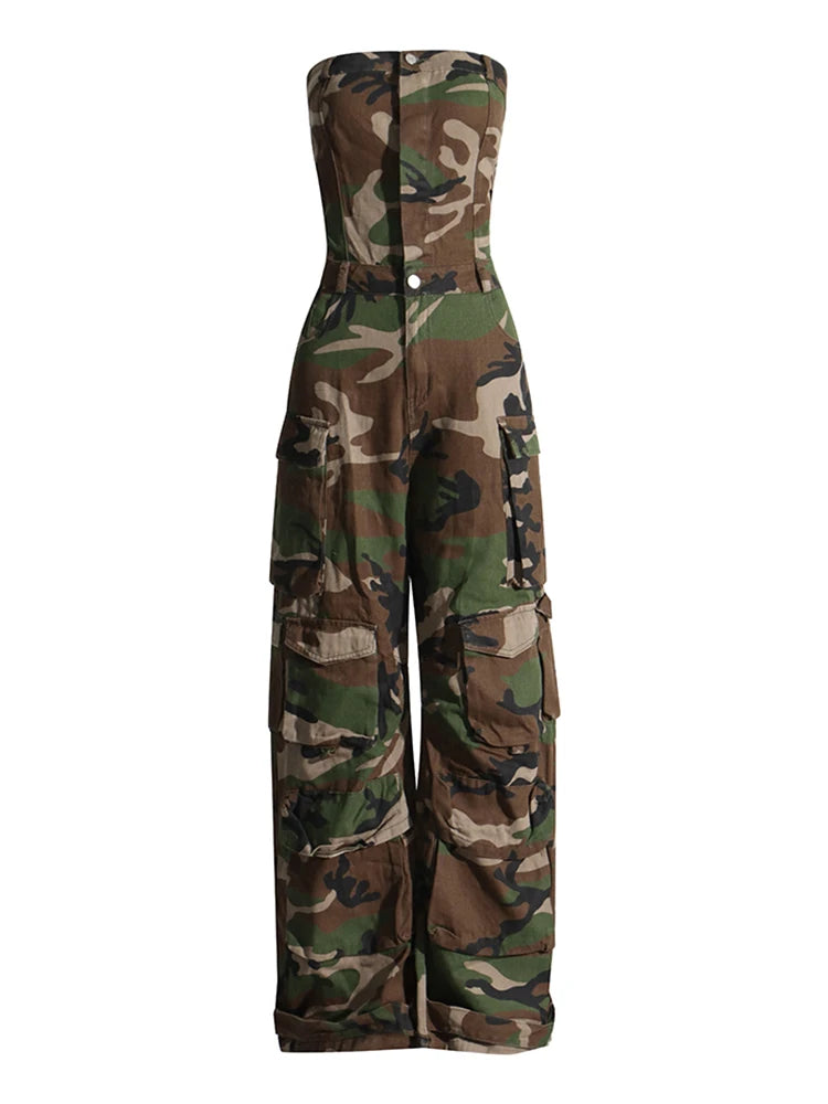 VGH Camouflage Loose Cargo Jumpsuits For Women Strapless Sleeveless High Waist Patchwork Pockets Streetwear Jumpsuit Female New