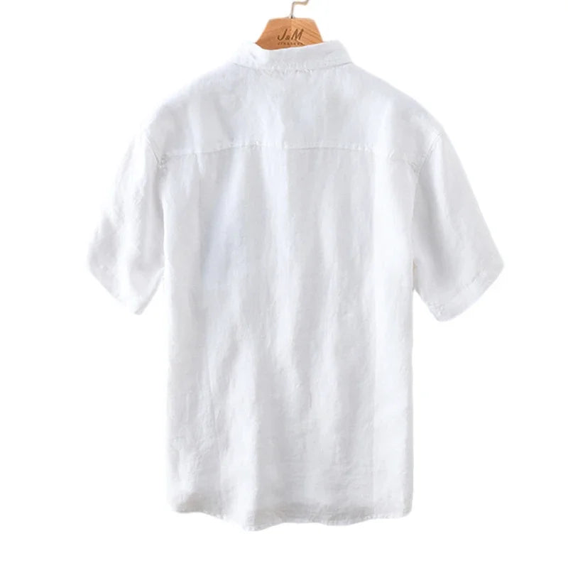 Linen Short Sleeve Shirts for Men Summer Pullover Tops Male Casual Solid White