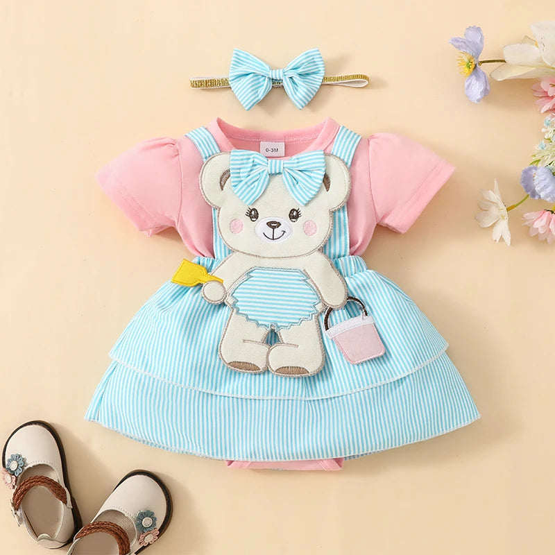 Spring Infant Baby Girls Bodysuit Dress Short Sleeve Cartoon Embroidery Jumpsuit Headband Clothes