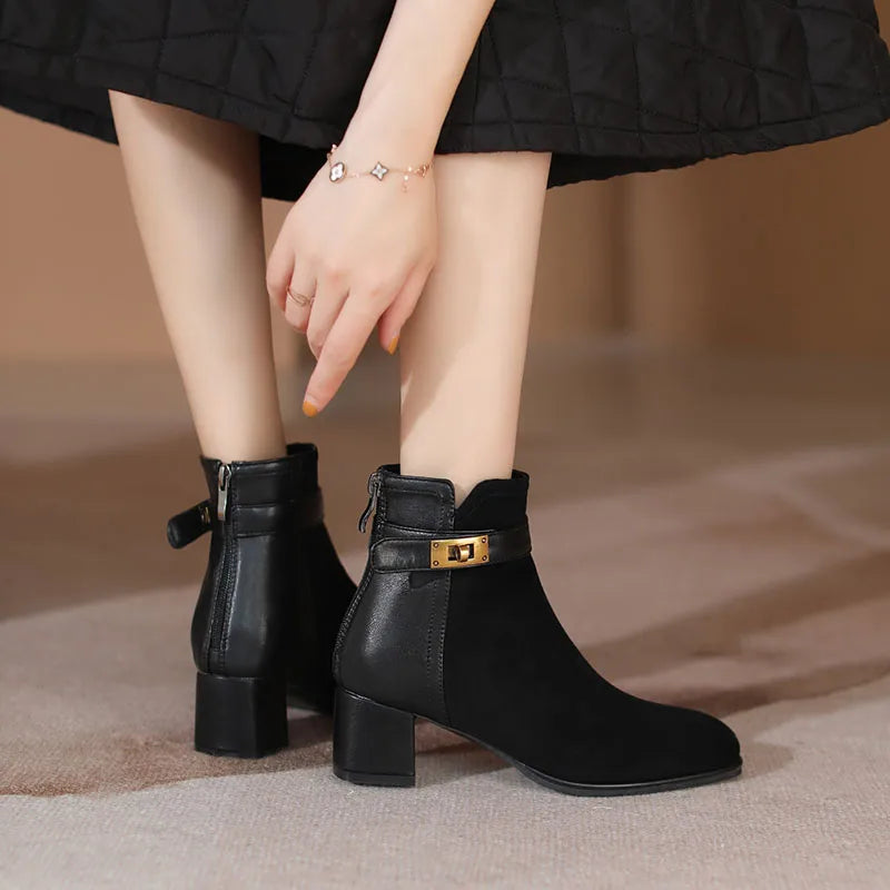 Women's Suede Ankle Boots Back Zip Closure Boot Female Belts Decoration Square Toe Medium Heels