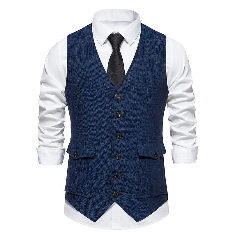 Double Pocket Suit Vest for Men Waistcoat Business Formal Sleeve Jacket