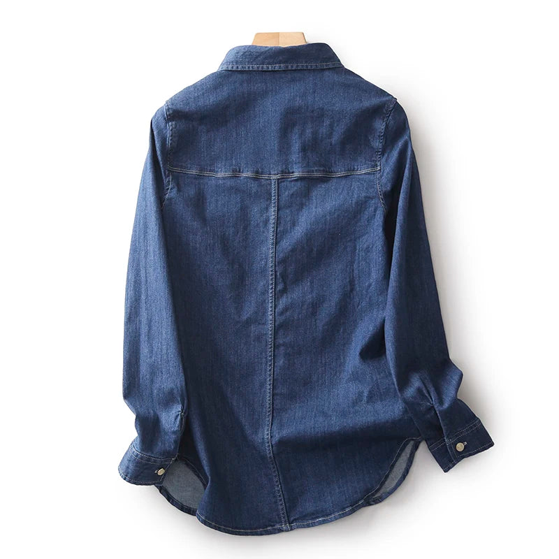 Denim Women Shirts Autumn Turn-Down Collar Pocket Solid Casual All Match Female Outwear Tops