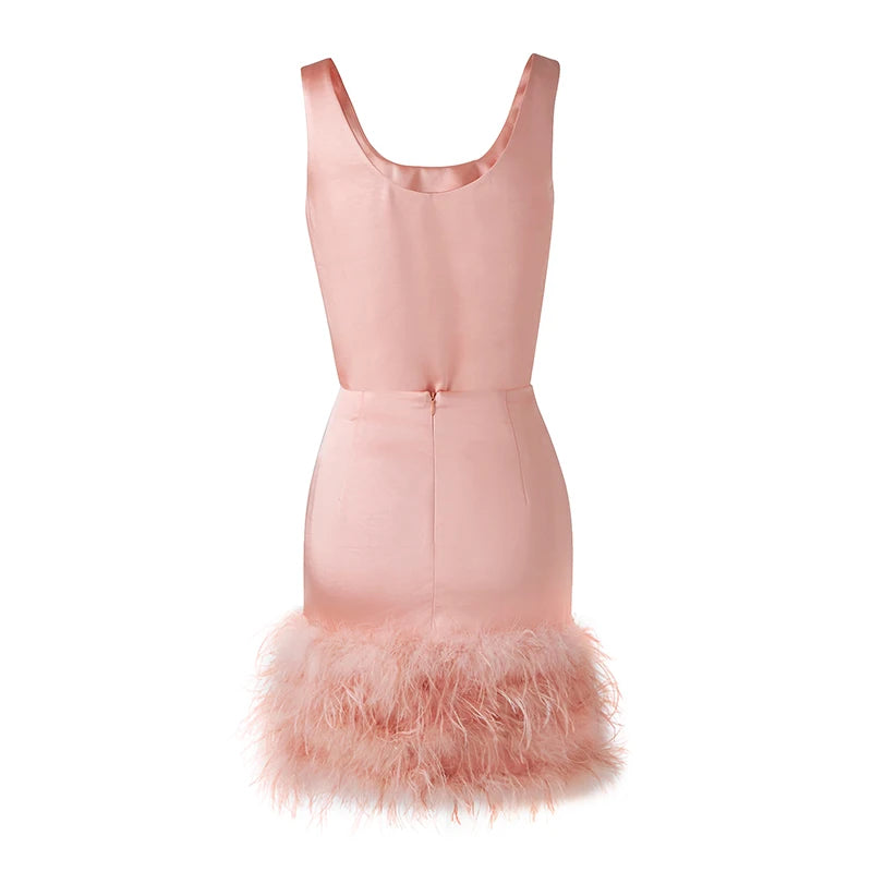 Summer Luxury Satin Fabric Vest Top Mini Skirt Sweet Pink Feather Sets Suits