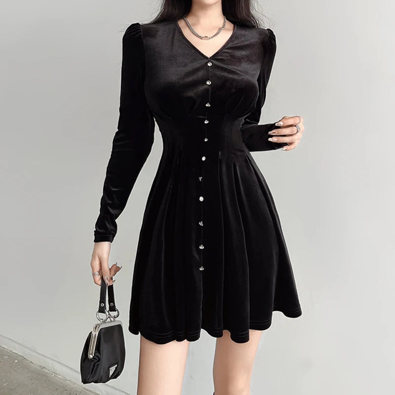 Velvet Long Sleeve Mini Dresses for Women Buttons Club Party Pleated Dress Solid