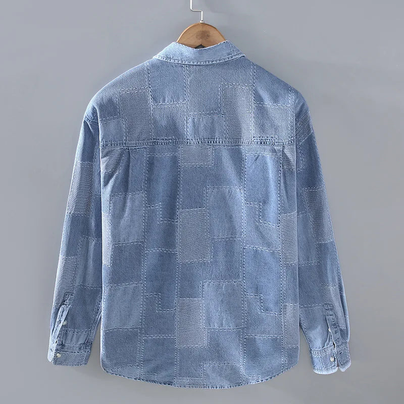 Denim Shirt Men High Street Casual Light Blue Jean Tops Pure Spliced Designer Shirt