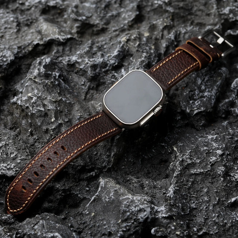 Handmade Dark Retro Style Strap For Apple Watch S9 S8 Ultra2 Lychee Soft Leather Strap Men