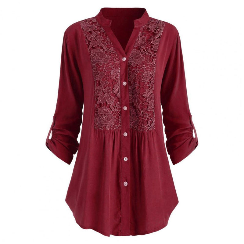 Lace Splicing Women Blouse Stand-up Collar Comfortable Tops Button Placket Loose Spring Shirt for Office