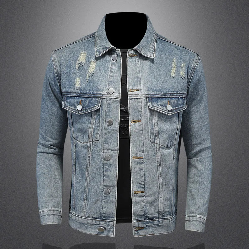 Handsome Trend Everything with Boutique Simple Ripped Men's Denim Coat Men Four Seasons