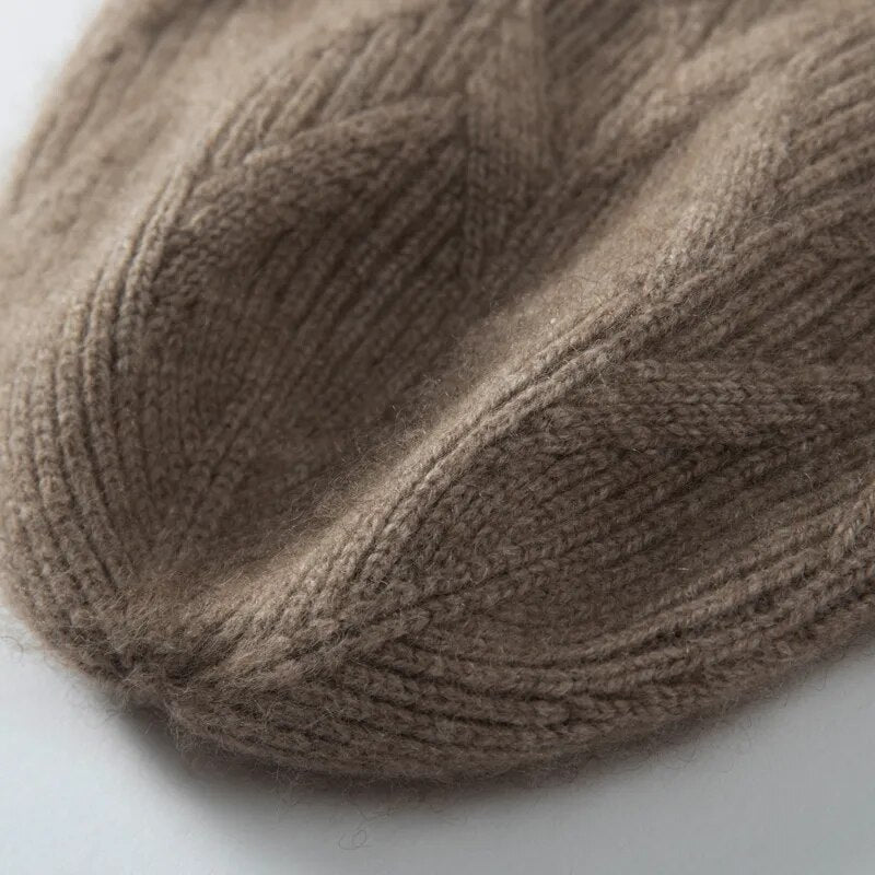 Winter Hat for Women Natural Cashmere Knitted Cap Solid Jacquard Bonnet Casual Soft Warm Beanie Hat