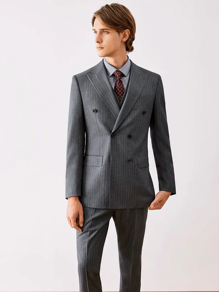 Wool Men Suits Set Grey Stripe Double Breasted Formal Wear Clothing Blazer Vest Pant