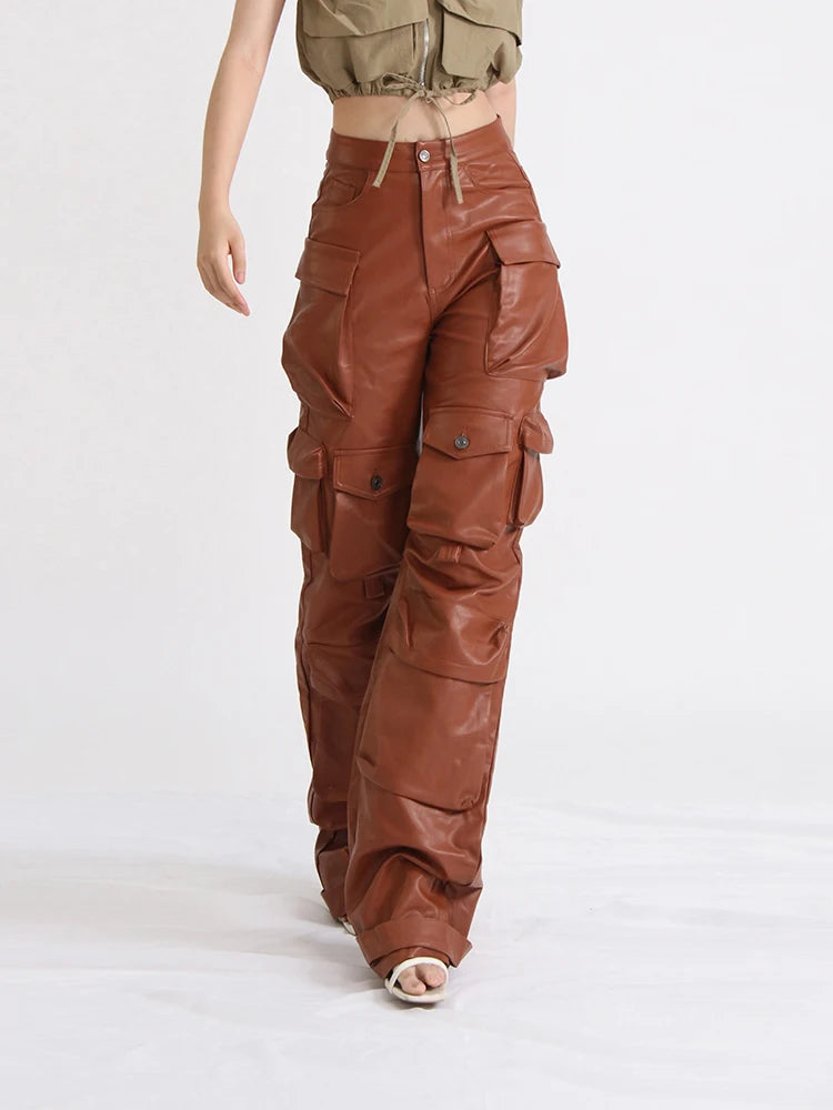 Solid Cargo Pants For Women High Waist Patchwork Pockets Casual Leather Trousers Female Autumn Clothing