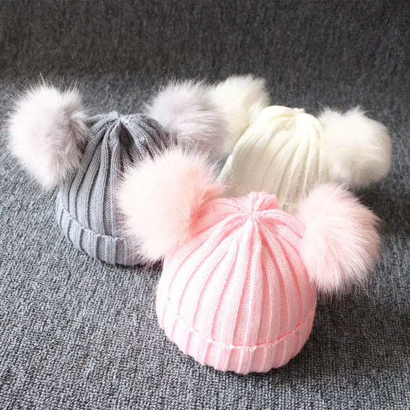 Toddler Newborn Baby Kids Girls Boys Knit Hat Winter Warm Furry Balls Pompom Solid  Cute Lovely Beanie Cap