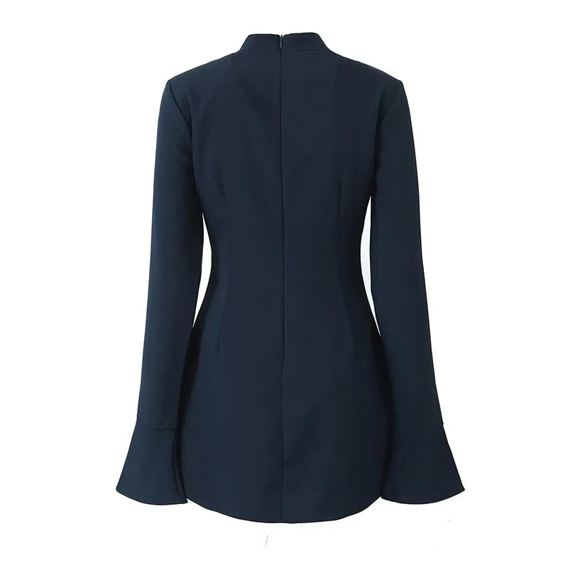 Sexy Women Autumn Winter Half High Collar Mini Dresses Navy Blue Slim Pullover Ladies Package