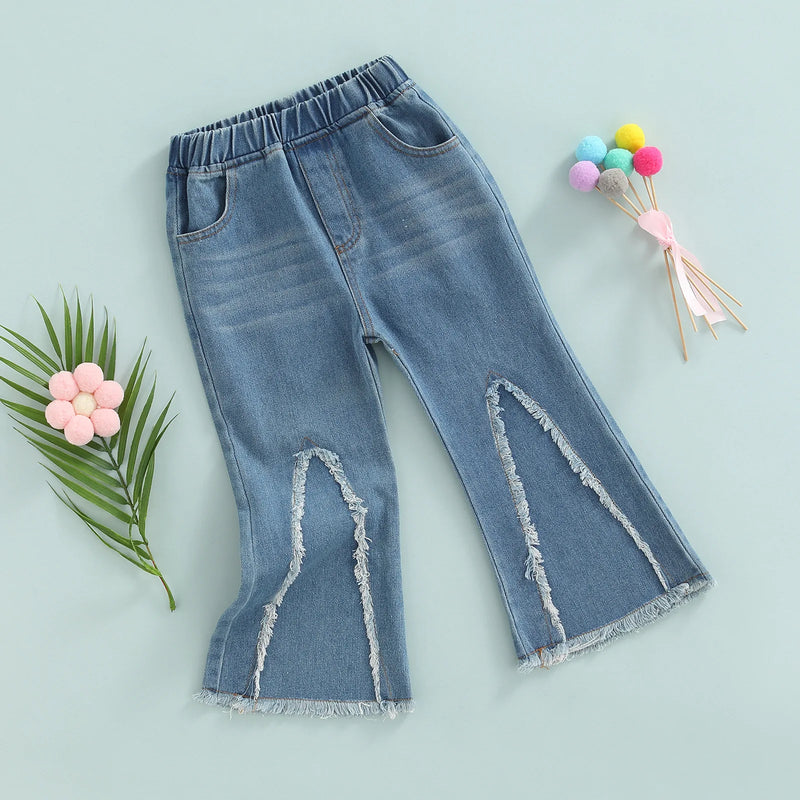 Spring Autumn Girls Casual Jeans Bell Bottom Trousers Kids Denim Flare Pants