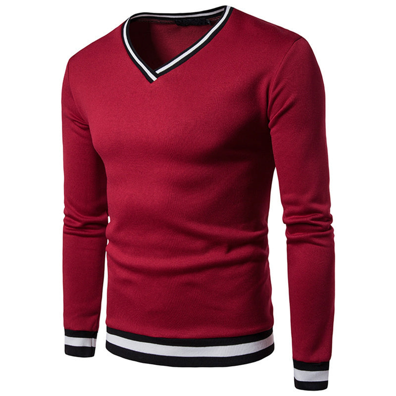 Mens Warm Clothing Contrast Color Striped Hem V Neck Pullover Casual Winter Autumn Sweatshirt Long Sleeve Slim Fit T-shirt