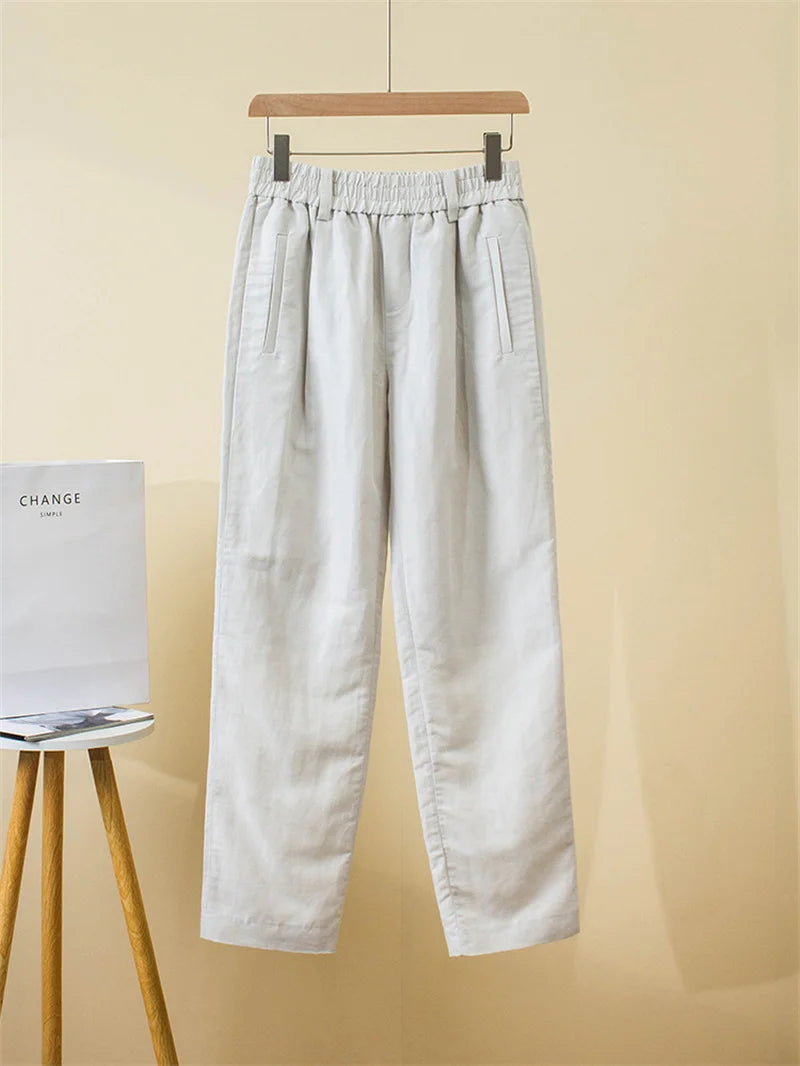 Summer Women's Solid Beaded Chain Elastic Waist Pants Linen Harlem Pants