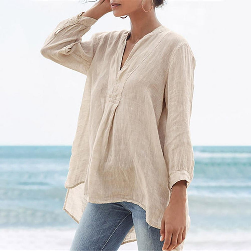 Linen Women Shirt Casual Flax Three-quarter Sleeve Loose Lady Blouses Top Female Clothing