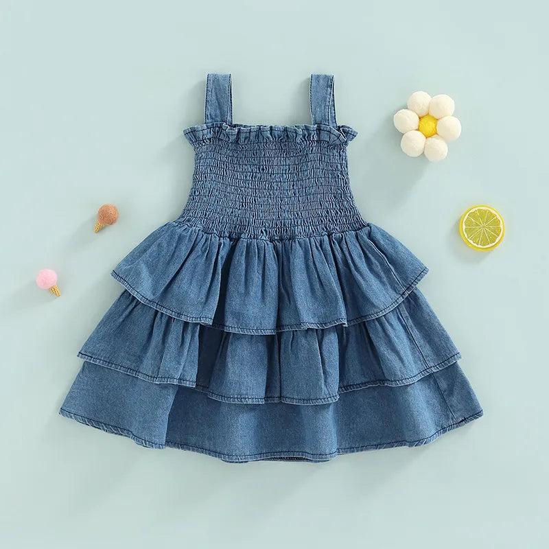 Little Girls Casual Dress Summer Toddler Kids Princess Girls Solid Denim Sleeveless Strap Layered Party Dresses for Child