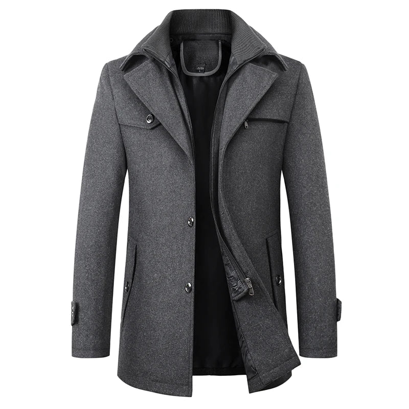 Winter Men's Woolen Windbreaker Coat Solid Trench Slim Fit Business Casual Wool Jacket Blends