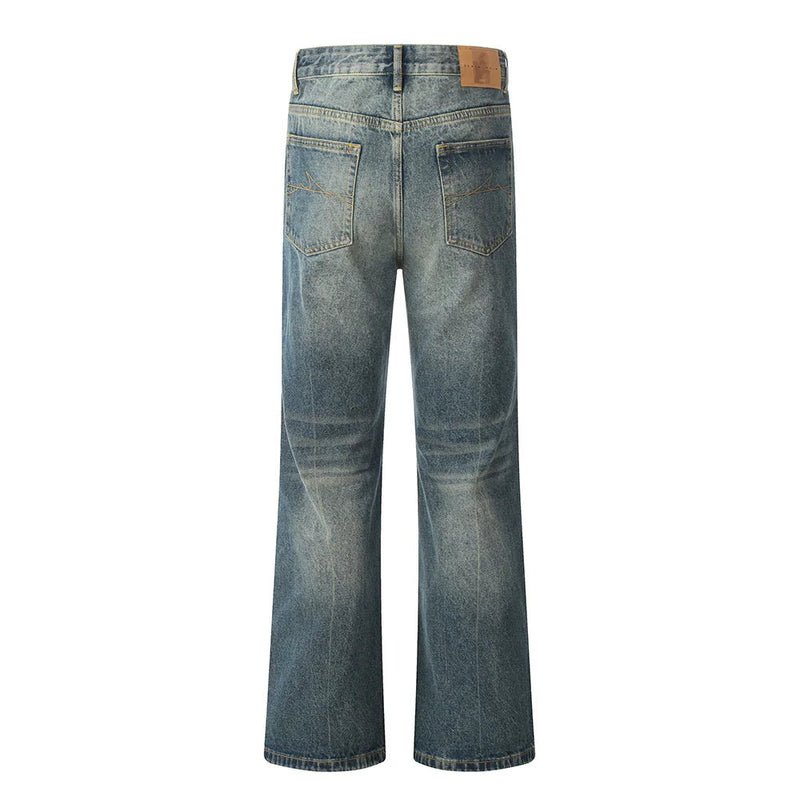 Retro Washed Distressed Jeans Mens Moustache Effect Straight Loose Wide Leg Pocket Denim Pants Men Trousers