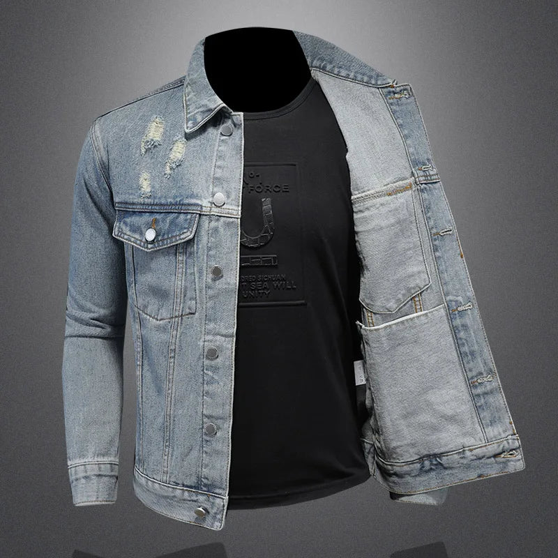 Handsome Trend Everything with Boutique Simple Ripped Men's Denim Coat Men Four Seasons